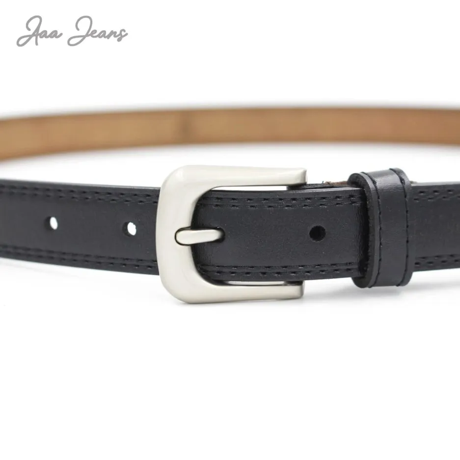 Dây Lưng Nữ Khóa Classic Genuine Leather, cận khóa bạc trên dây màu đen
