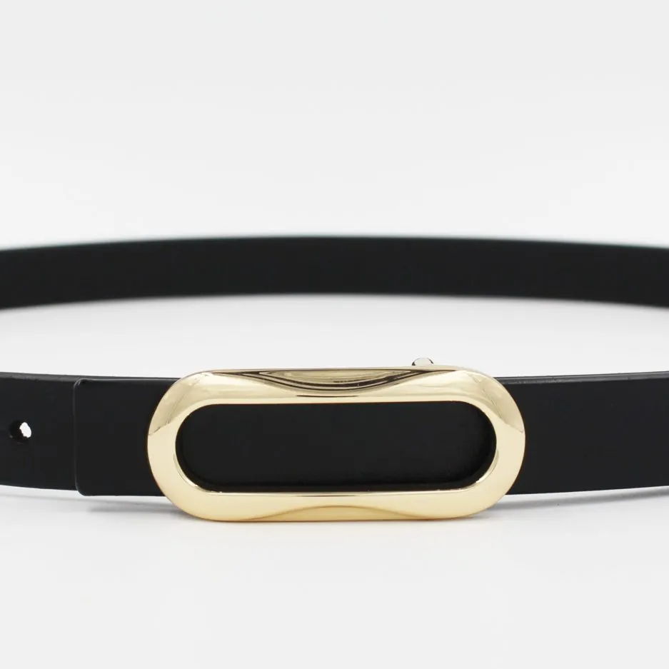 Đai Váy Da Thật Genuine Leather Mặt Elip Bản Nhỏ, cận mặt khóa elip vàng