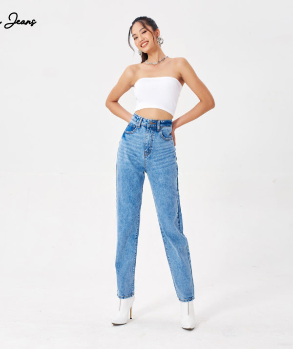 Quần Mom Jeans Lưng Cao Màu Classic Blue