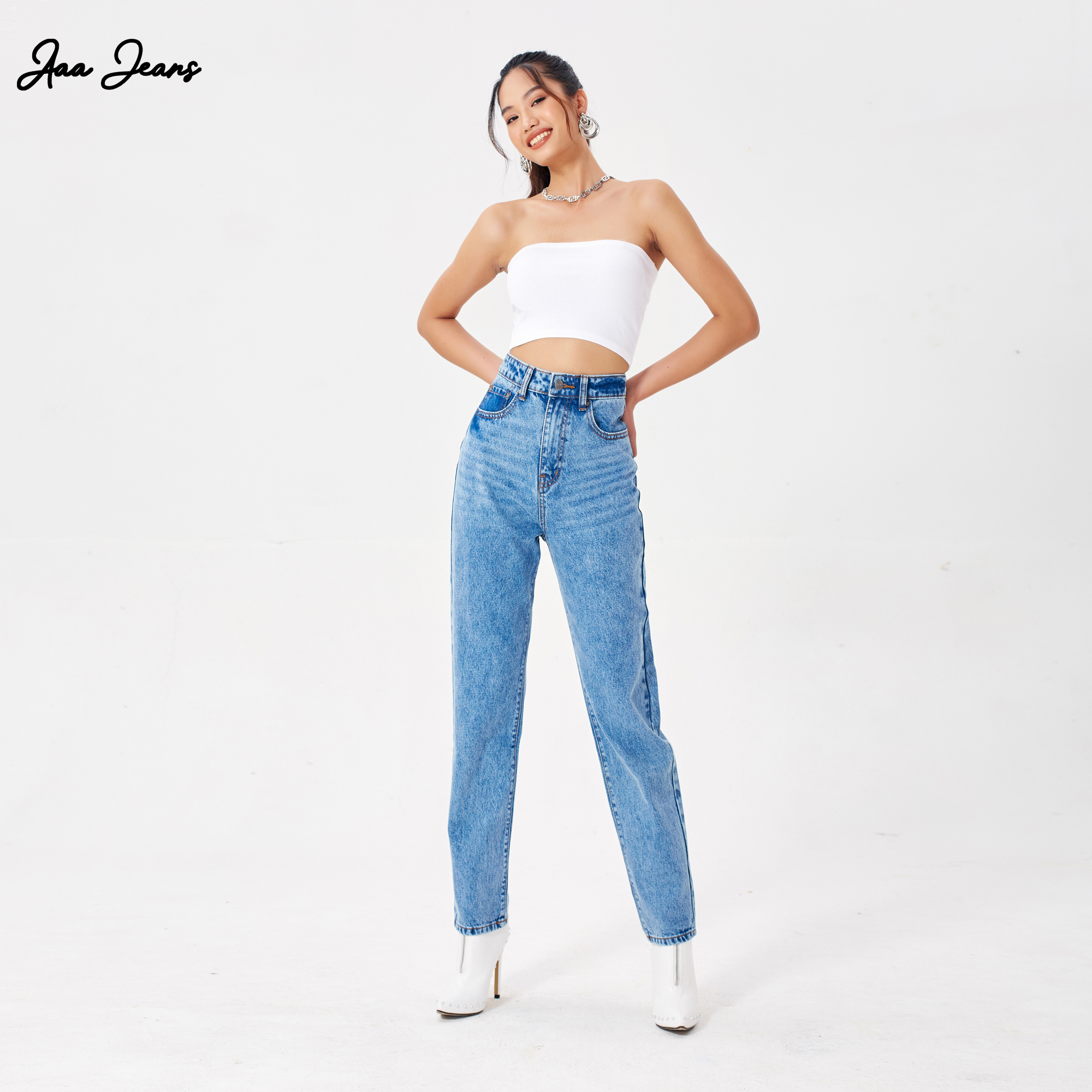 Quần Mom Jeans Lưng Cao Màu Classic Blue