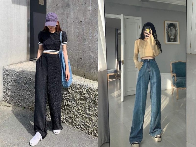 Quần jeans, quần vải ống rộng kết hợp với croptop cực xinh