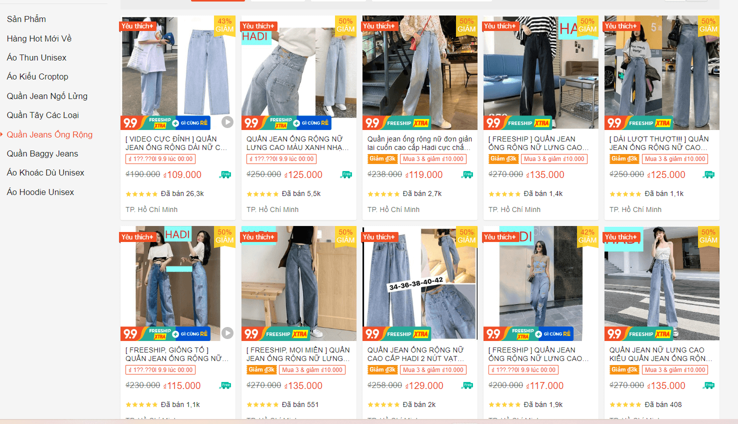 quần jeans ống rộng shopee