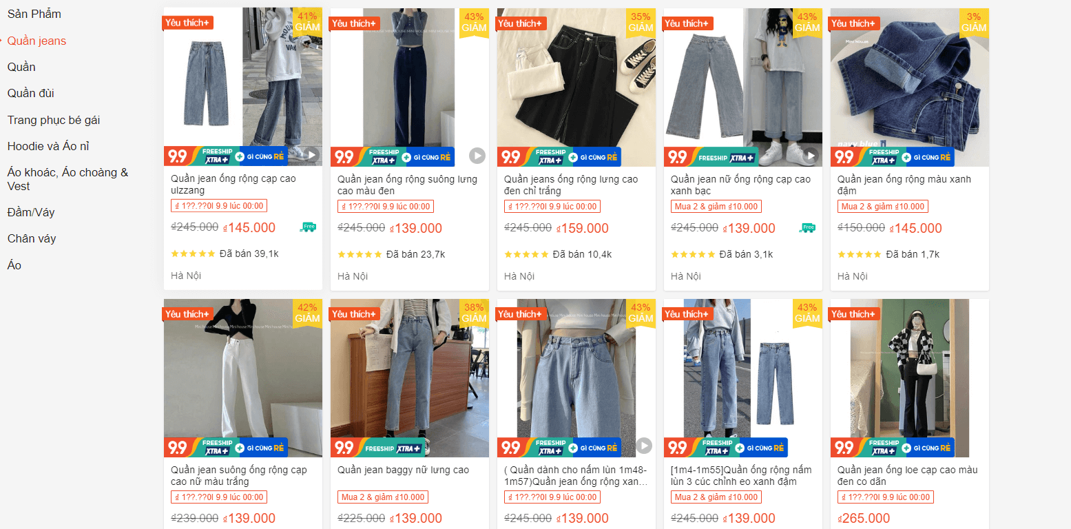 quần jeans ống rộng shopee