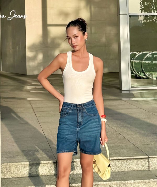 Quần short jean nữ lưng cao regular fit Navy Blue
