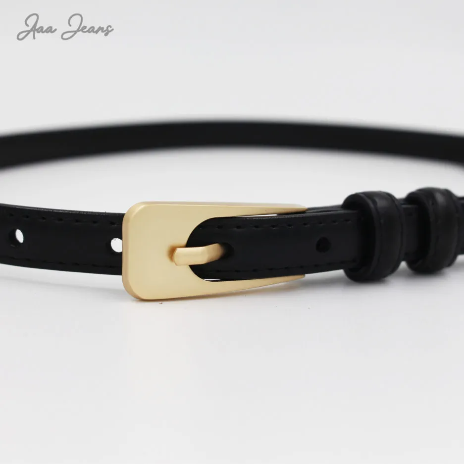 Dây Lưng Nữ Bản Nhỏ 1.5cm Da Thật, cận khóa vàng trên dây màu đen