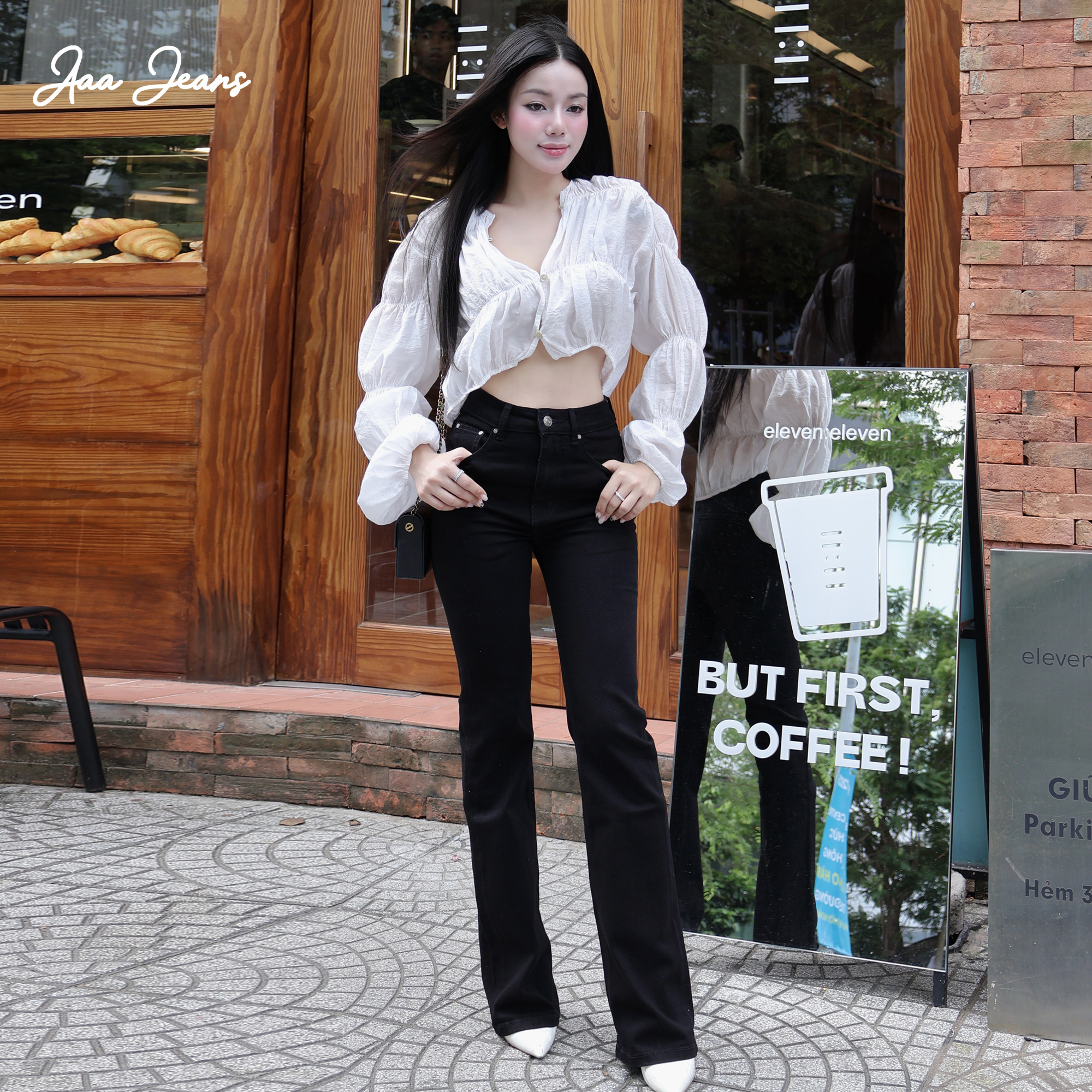 Quần Jean Nữ Ống Loe Đen Lưng Cao