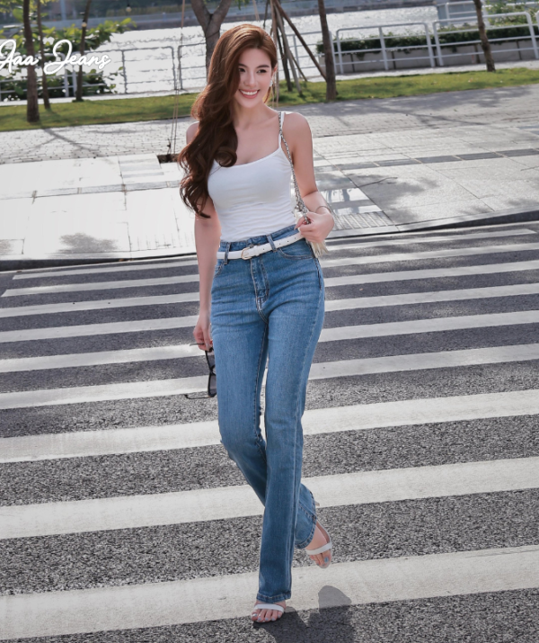 Quần Jean Nữ Ống Loe Lưng Cao Màu Medium Blue