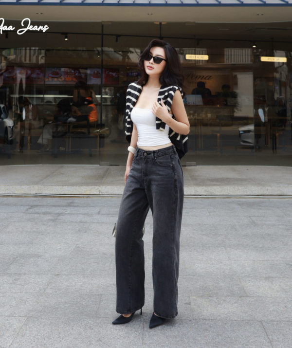 Quần jeans nữ màu xám ống suông lưng thấp - ảnh 2