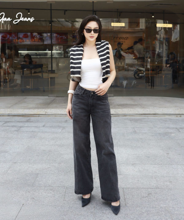 Quần jeans nữ màu xám ống suông lưng thấp