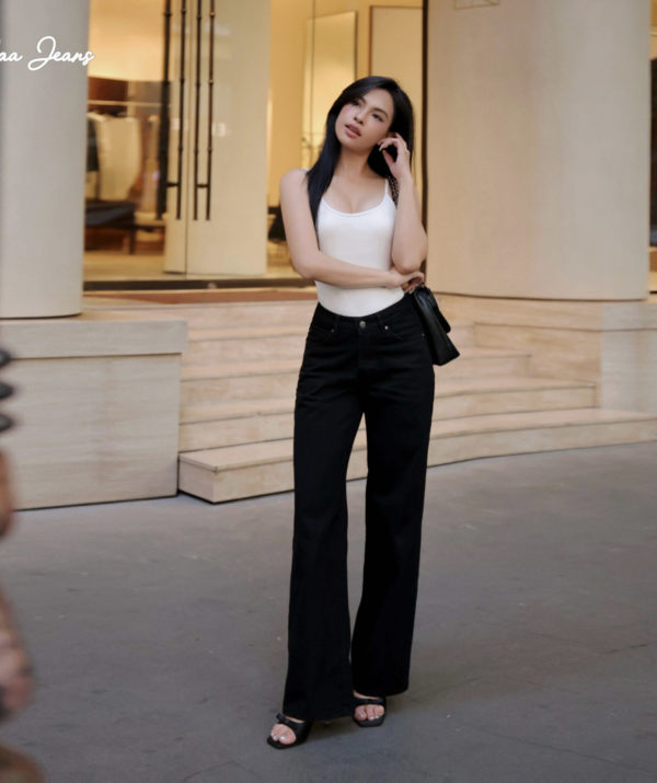 Quần jeans nữ màu đen ống suông lưng thấp