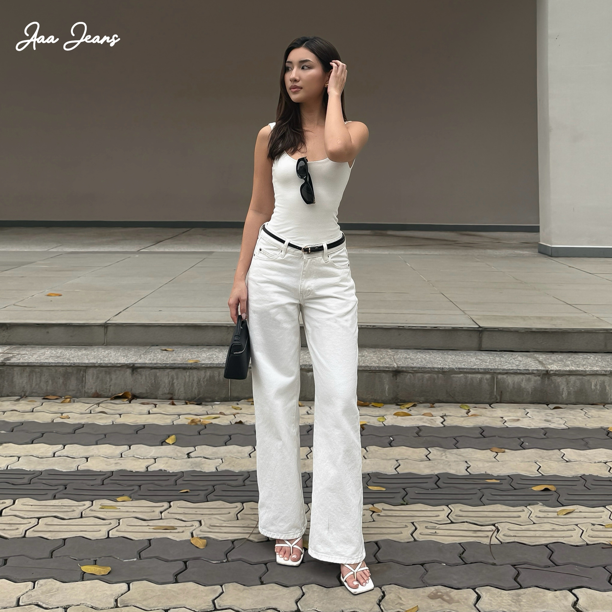 Quần jean nữ trắng ống suông lưng thấp