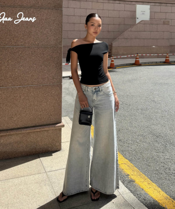 Quần Jeans Nữ Ống Rộng Dáng Loe Lưng Thấp Màu Ivy Blue