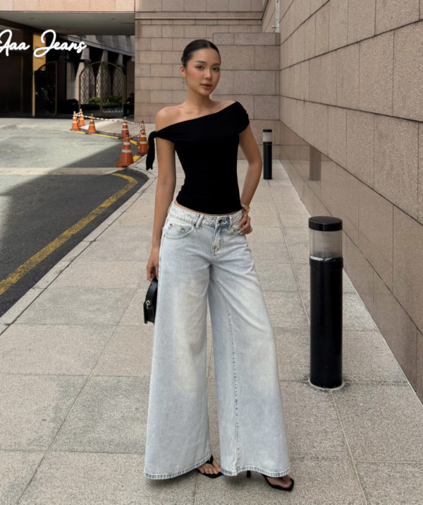 Quần Jeans Nữ Ống Rộng Dáng Loe Lưng Thấp Màu Ivy Blue - ảnh 2
