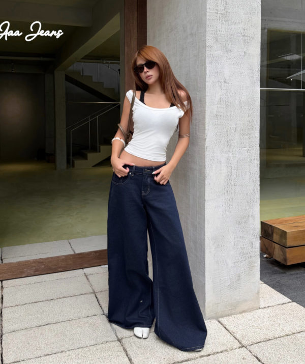 Quần Jeans Nữ Ống Rộng Dáng Loe Lưng Thấp Màu Indigo - ảnh 2